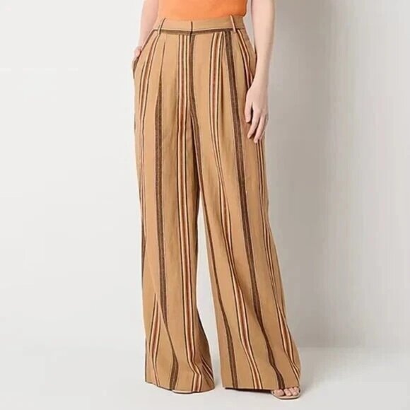 Worthington Wide Leg Pants Size 8 Brown Stripe Linen Blend Lightweight Neutral - Picture 1 of 8
